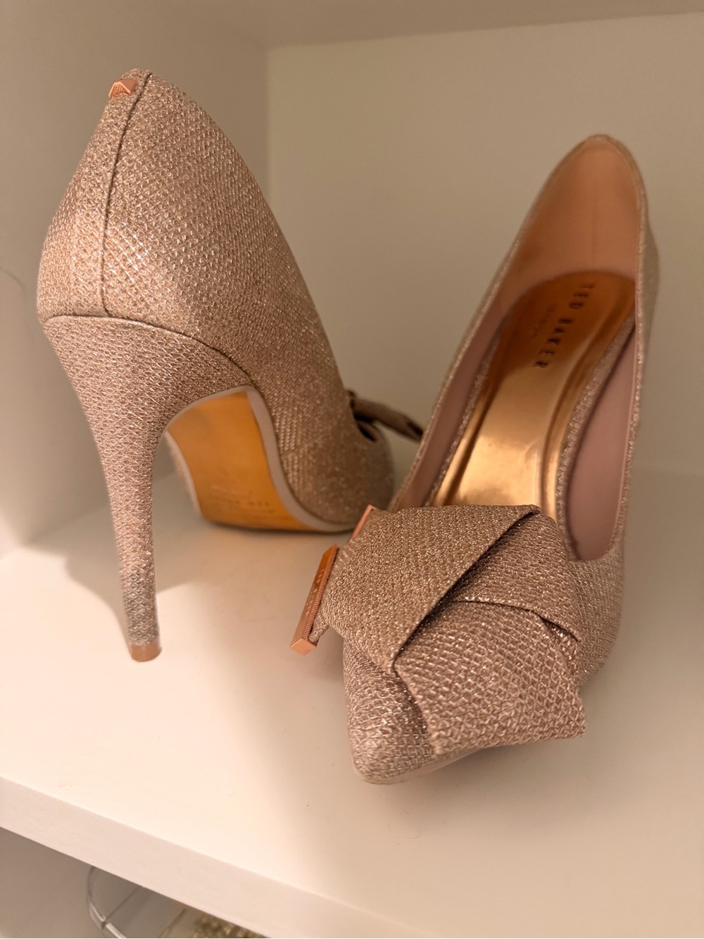 Ted Baker Rose Gold Textured Bow Pointed Pumps